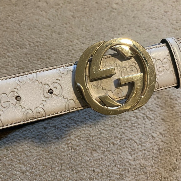 Authentic Gucci Guccissima GG interlocking G buckle leather belt grey gold - Picture 2 of 5